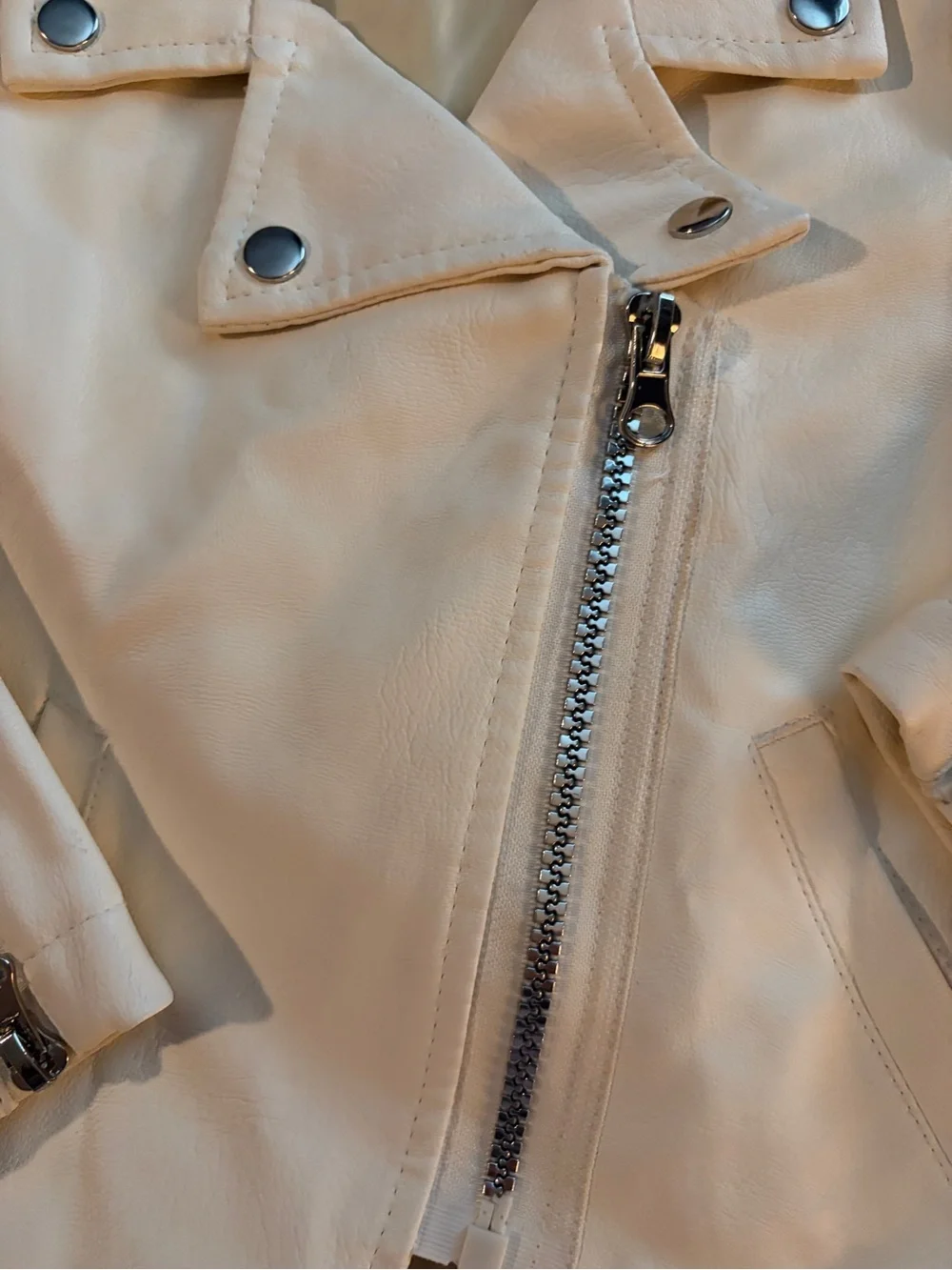 Little Lass Cream Faux Leather Moto Jacket with Silver Hardware